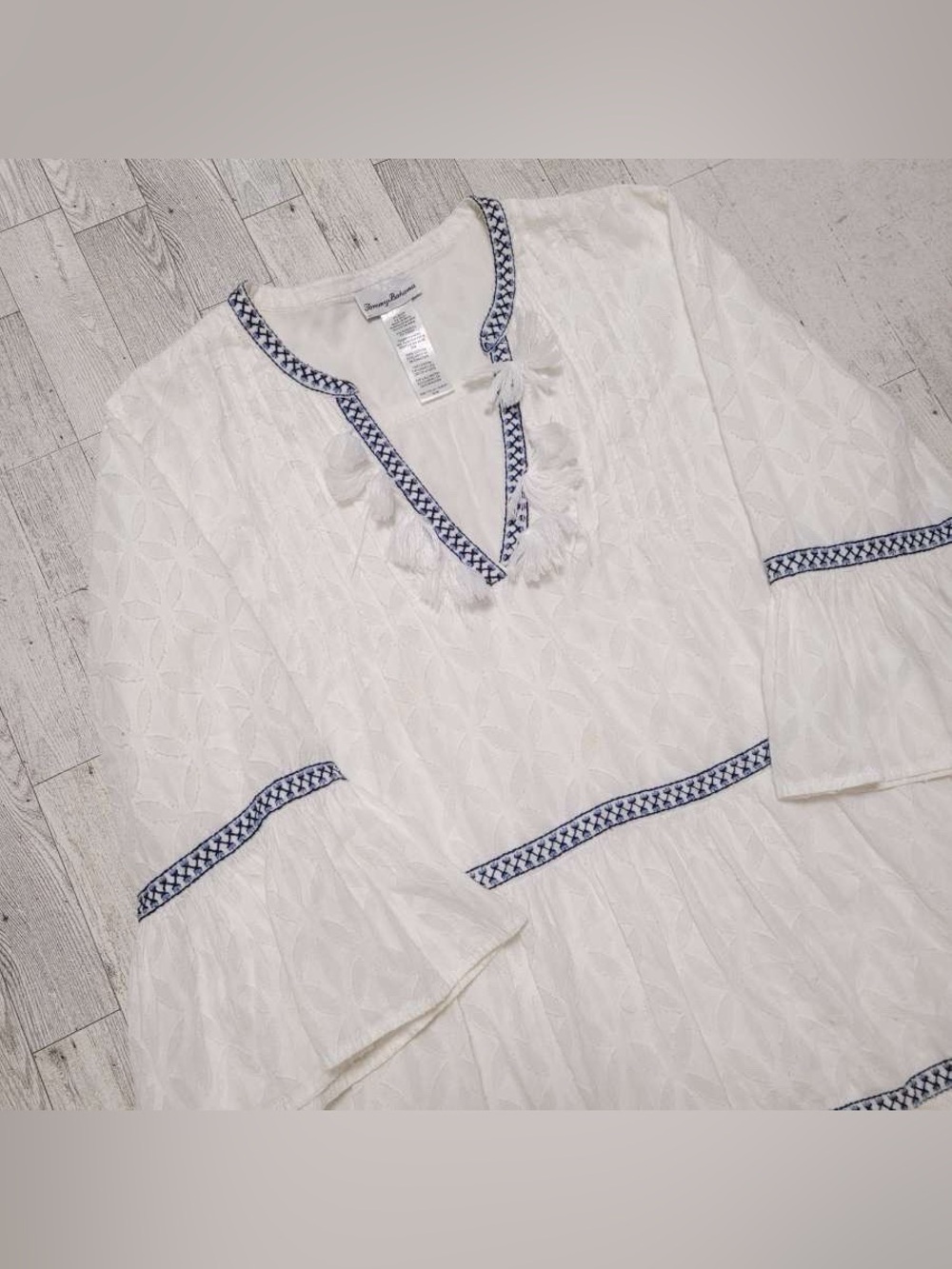 Women’s Tommy Bahama Jacquard 100% Cotton White Blue Tiered Dress Size M